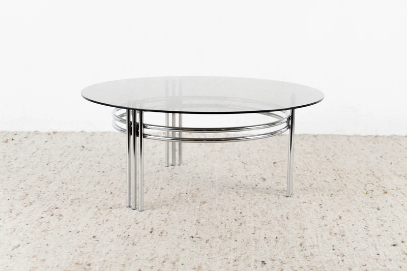 Vintage Glastisch Rund Rauchglas Couchtisch Wohnzimmer Chrom