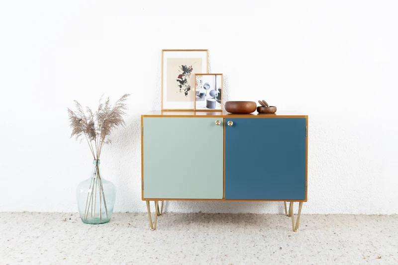 Vintage Kommode Sideboard Mid Century Holz Kirsch Salbei Blau Tv Board 60s 1960er