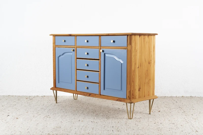 Vintage Sideboard Highboard Wohnzimmer Mid Century Holz Kiefer Schubladen Blau