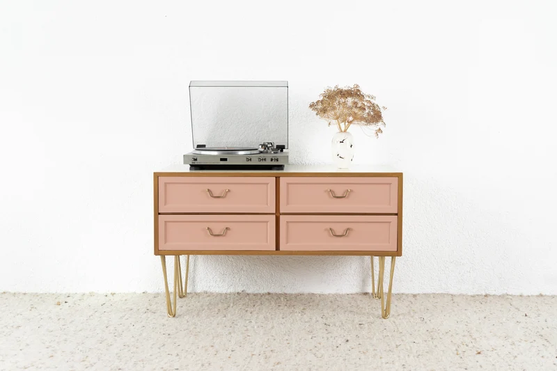 Vintage GERO Sideboard Kommode Mid Century Rosa Creme Gold Schubladen Tv Low Board