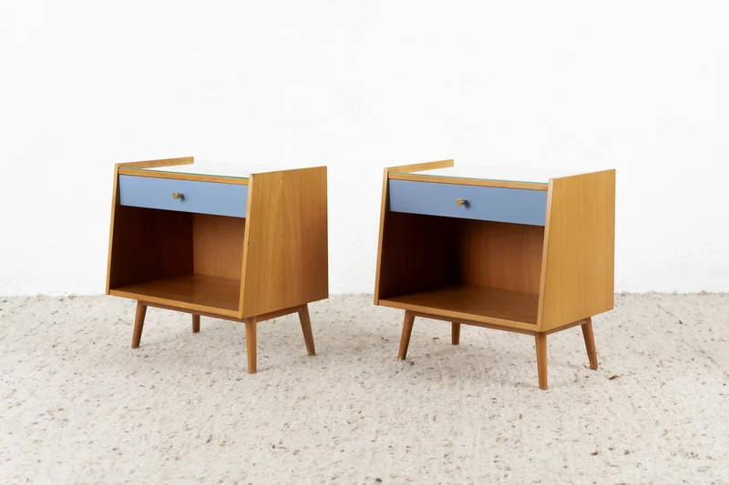 Vintage 2er Set Nachttische Nachtschrank Bett Kommode Schräckchen Holz Blau Mid Century 60s 1960er