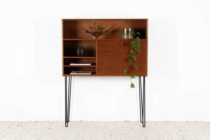 Vintage Sekretär Kommode Schrank Mid Century Holz Nuss Schreibtisch Minibar 60s
