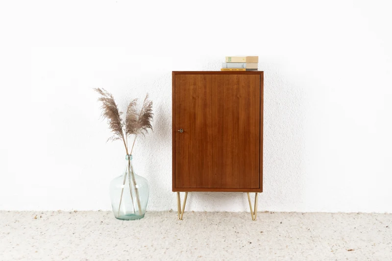 Vintage Kommode Ablage Schränkchen Holz Nuss Mid Century Flur Gold