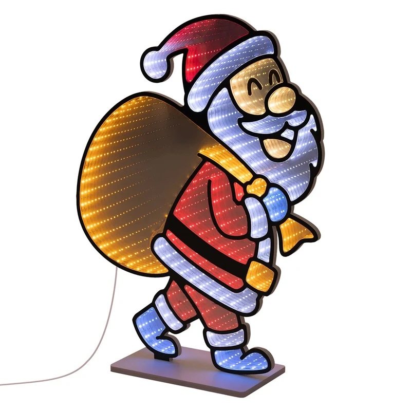 ECD Germany | Weihnachtsdeko Weihnachtsmann mit Geschenkesack LED Infinity Mirror 3D-Effekt 47x60 cm Weihnachtsbeleuchtung Innen Spiegel Lichterkette