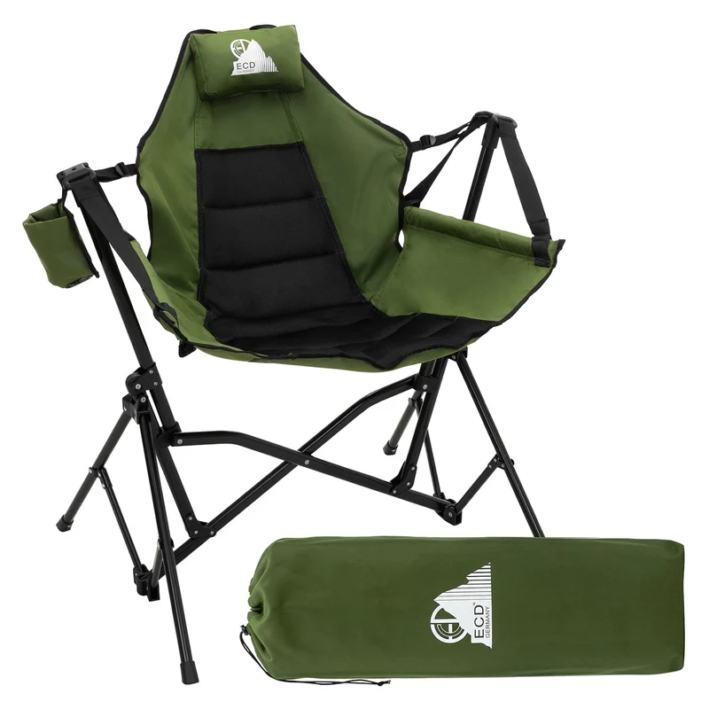 B-Ware Campingstuhl faltbar, Khaki, Outdoor Klappstuhl mit Stahlgestell, Getränkehalter, Nackenkissen & Tasche, Schaukelstuhl Angelstuhl