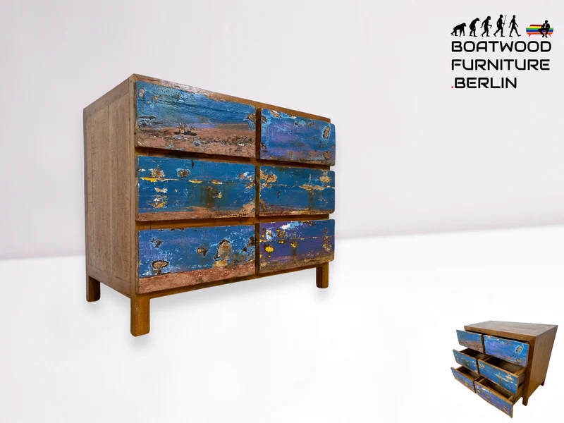 Boatwood by WMK I Besonders schöne handgefertigte Kommode aus altem Bootsholz mit 6 Schubladen