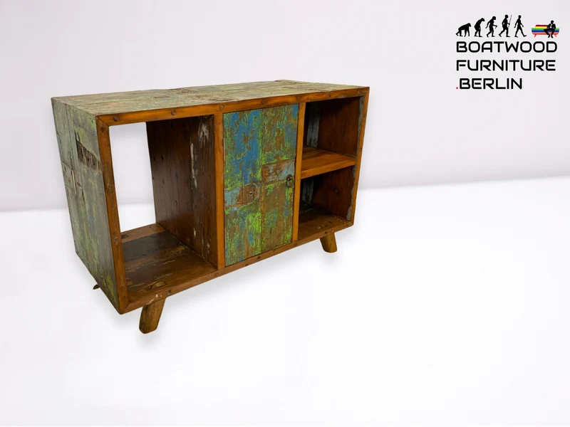 Boatwood by WMK I Sehr schöne offene Kommode handgefertigt aus altem Bootsholz in grüner Originalfarbe