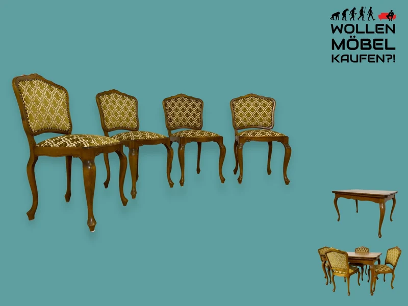 WMK I Set aus 4 besonders schönen 60er Jahre Chippendale Esszimmerstühlen mit hochwertigem Brokatbezug in Gold