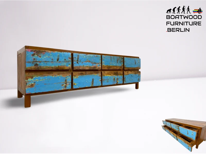 Boatwood by WMK # Meeresblaues Sideboard mit Schubladen, ein aus altem Bootsholz handgefertigtes Unikat aus massivem Teakholz