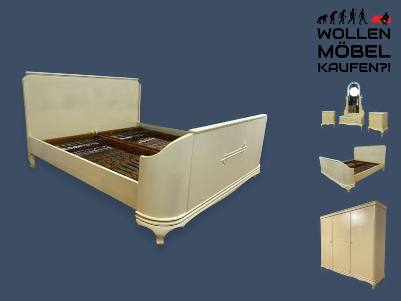 WMK I Wunderschönes weißes 1930er Jahre Bett aus vollem Holz mit original Spiralfedern