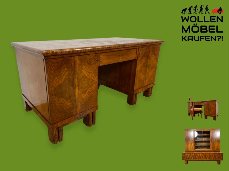 WMK I Imposanter freistehender 30er Jahre Art Deco Schreibtisch aus vollem Holz in edlem Walnuss