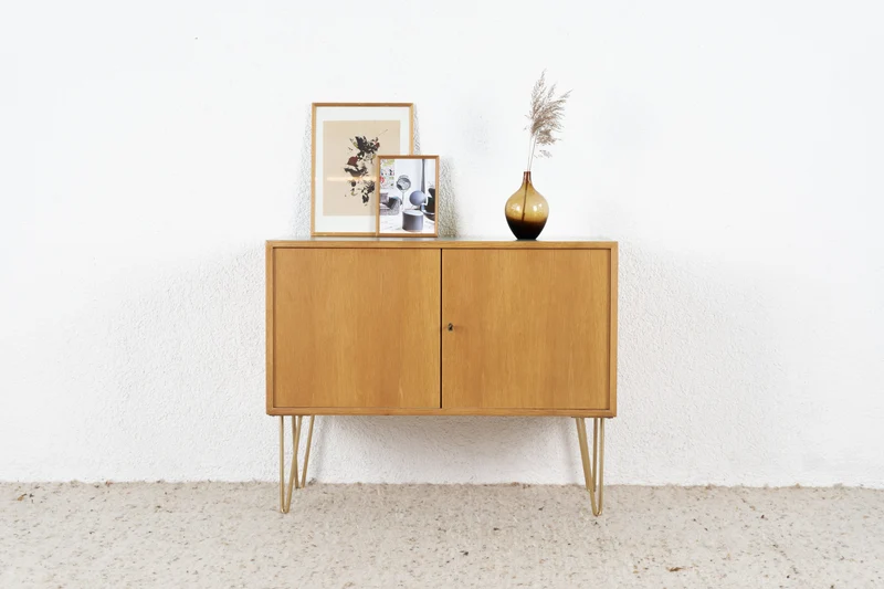 Vintage WK Möbel Sideboard Mid Century Holz Tv Kommode 60s Eiche Gold String Pastell Salbei