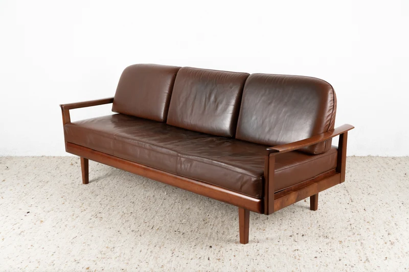Vintage Knoll Sofa Couch Schlafsofa Wilhelm Massivholz Leder Braun Mid Century Dreisitzer