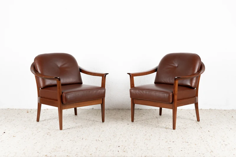 1 von 2 Vintage Knoll Sessel Holz Leder Braun Wilhelm Mid Century Lounge Stuhl Armchair
