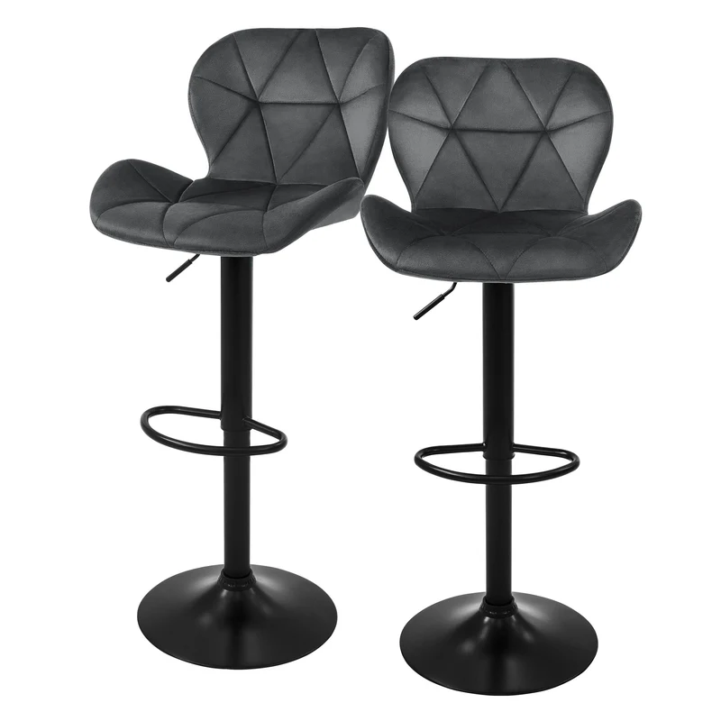 B-Ware Barhocker 2er Set Grau Samtbezug mit Rückenlehne und Fußstütze höhenverstellbar 59-79cm ML-Design