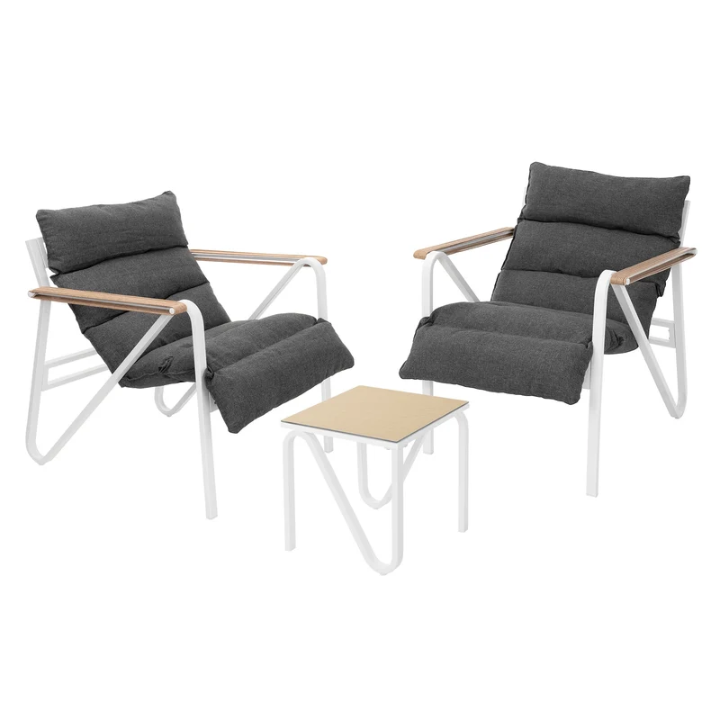 Gartenmöbel Set 3 tlg Weiß-Grau Sitzgruppe mit 2 Stühlen, Tisch & Sitzkissen Stahlgestell wetterfest ML-Design