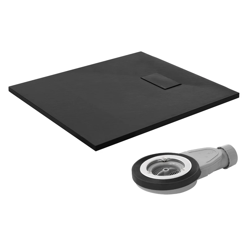 Duschwanne 90x80 cm, Schwarz, mit Anti-Rutsch-Oberfläche und Ablaufgarnitur, extra flach LuxeBath