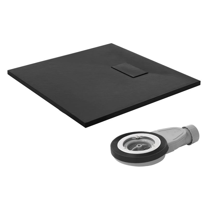 Duschwanne 80x80 cm, Schwarz, mit Anti-Rutsch-Oberfläche und Ablaufgarnitur, extra flach LuxeBath