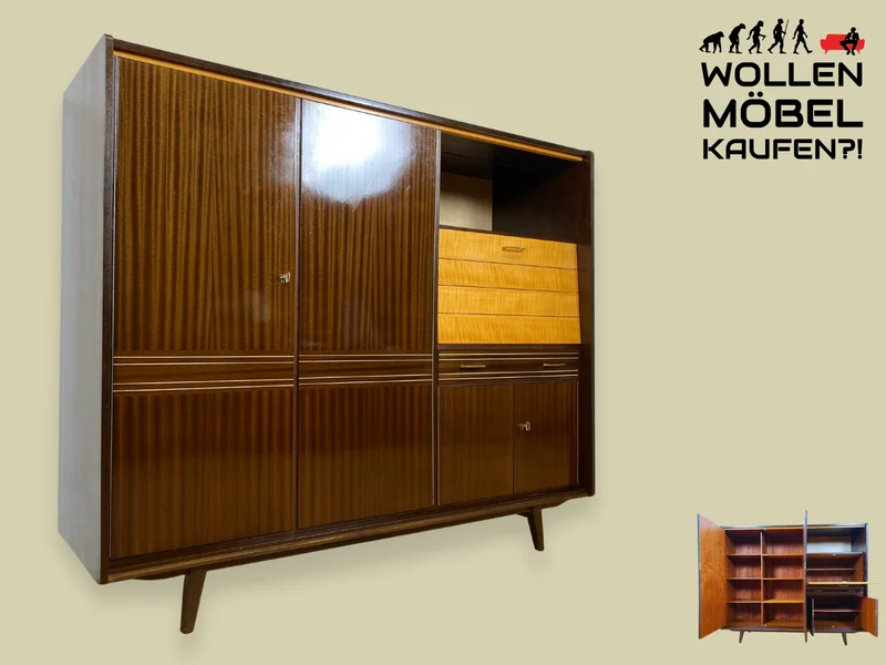 WMK I Stilvoller und geräumiger dunkler Mid-Century Wohnzimmerschrank mit Bar Fach