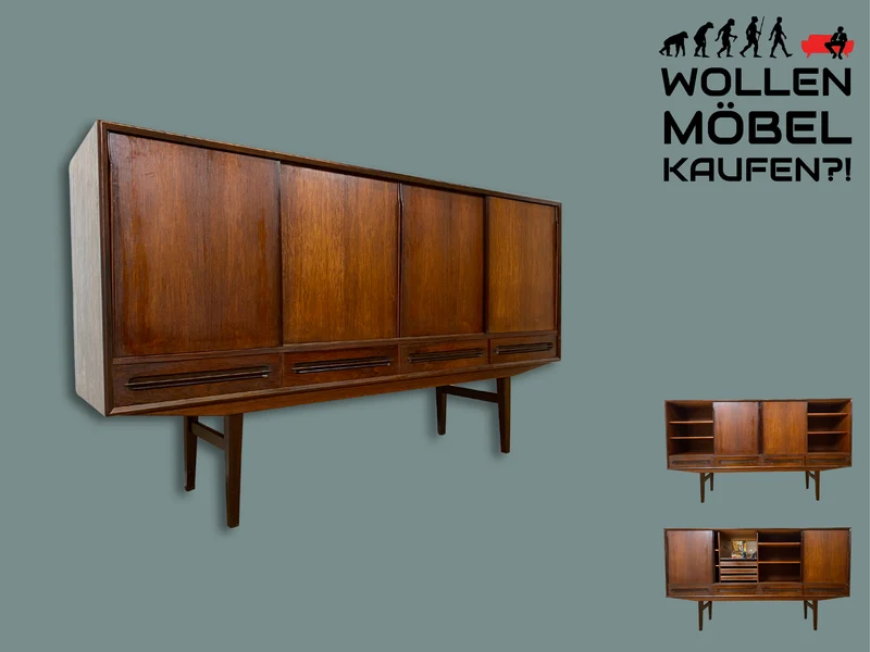 WMK I Hochwertiges skandinavisches Mid-Century Highboard in edlem Palisander mit Schubladen, Schiebetüren & Bar