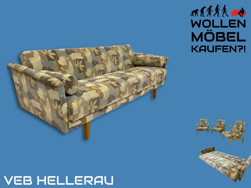 WMK I Stilvolles 60er Jahre Schlafsofa von VEB Hellerau mit freundlichem späterem Bezug und passenden Kissen