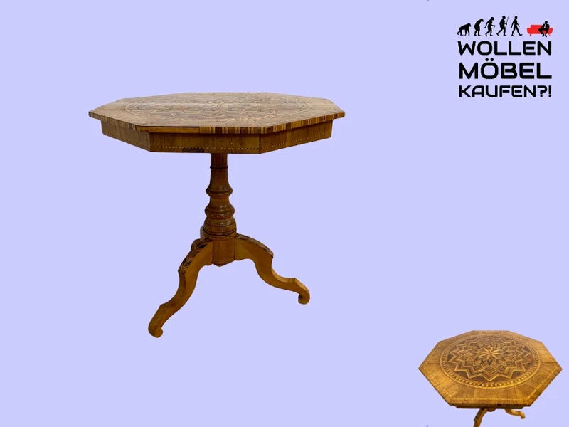 WMK I Eleganter antiker italienischer Sorrento Tisch I 1880-1900 I aufwendige Intarsien mit Sternrosette I gedrechselte Dreifuß Säule