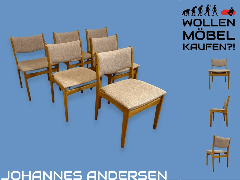WMK I 6er Set skandinavischer Designerstühle von Johannes Andersen aus Eiche mit beigem Originalbezug