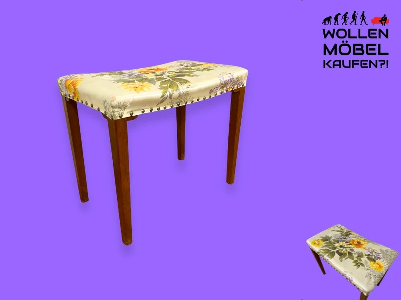 WMK I Wunderschöner skandinavischer Mid-Century Hocker mit hochwertigem floralem Bezug