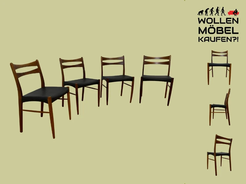 WMK I 4er Set skandinavischer Mid-Century Stühle I aus Teakholz mit schwarzem Kunst Leder Bezug