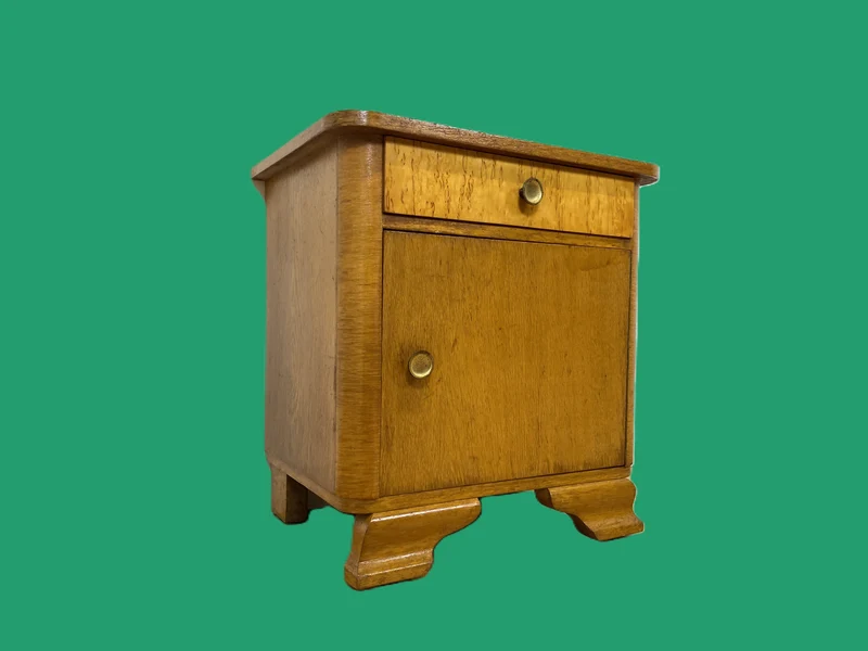 WMK Schöner Mid-Century Nachttisch aus vollem Holz mit Schublade und Messinggriffen