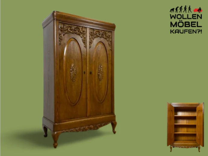 WMK I Pompöser historischer Wäscheschrank aus massiver Eiche mit handgeschnitzten Ornamenten