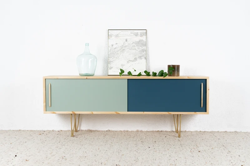 R&F Sideboard Massivholz Mid Century Vintage Design Tv Board Schiebetüren Kommode