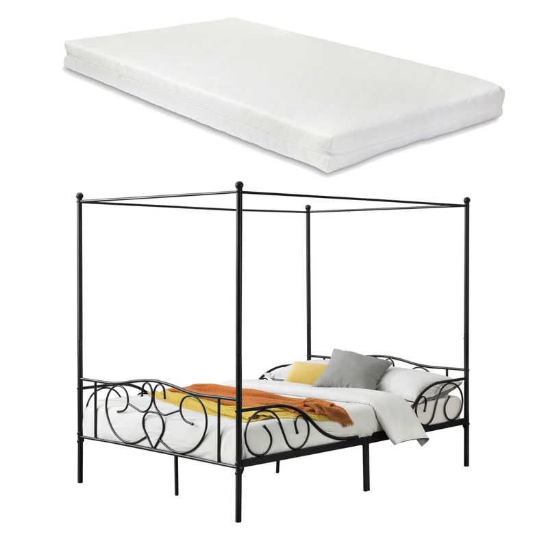 Himmelbett Finström aus Stahl mit Kaltschaummatratze [en.casa]