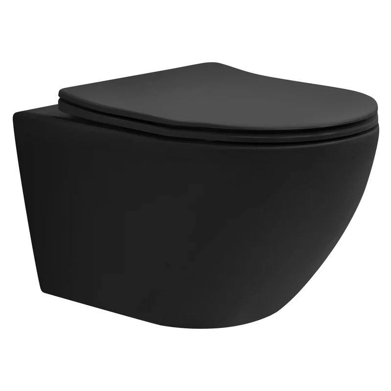 Wand-WC Hänge Toilette aus Keramik Matt Schwarz 54 cm lang Spülrandlos mit Softclose Luxebath