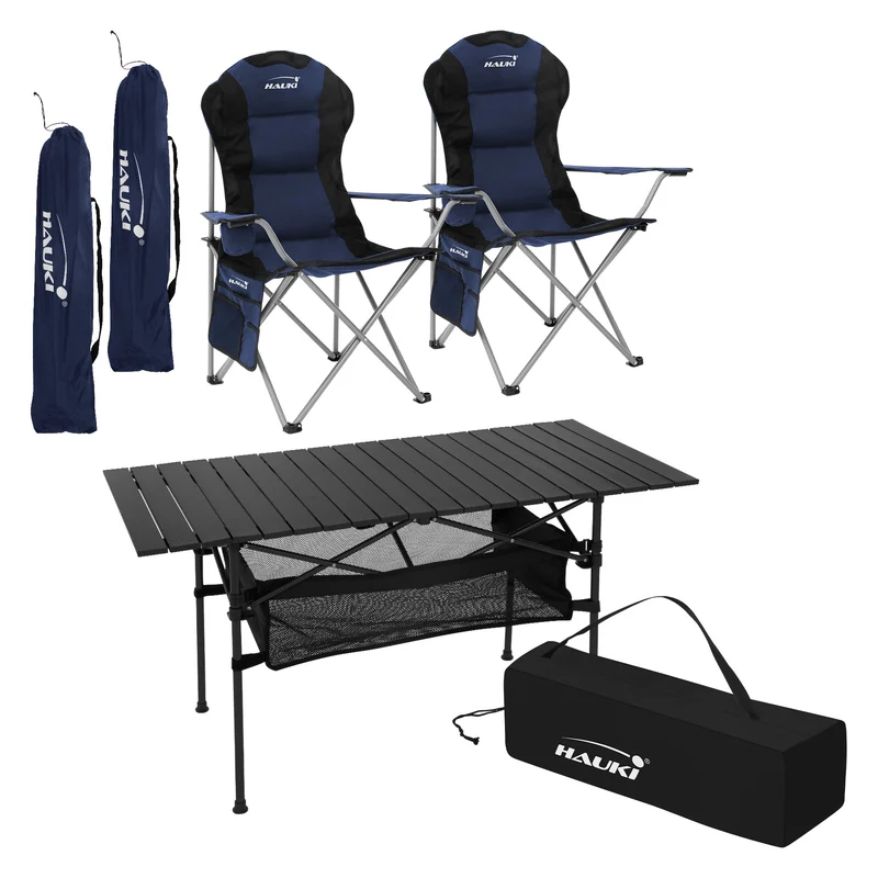 Camping Set 3-teilig mit Klapptisch Schwarz und 2 Campingstühlen Blau HAUKI