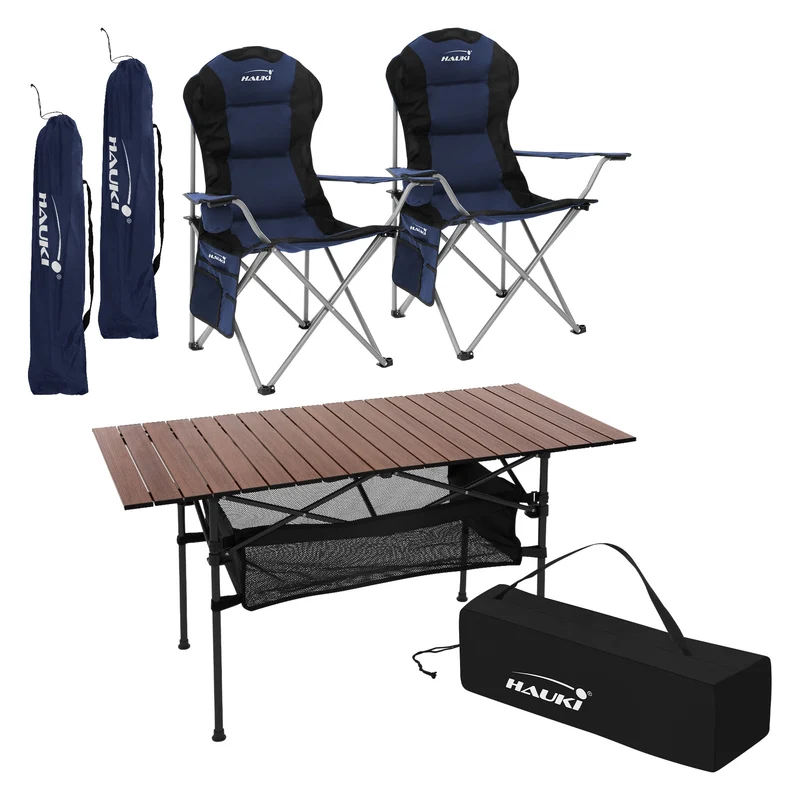 Camping Set 3-teilig mit Klapptisch Braun und 2 Campingstühlen Blau HAUKI