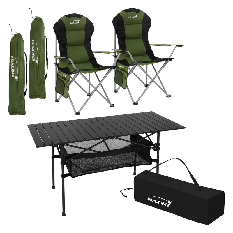Camping Set 3-teilig mit Klapptisch Schwarz und 2 Campingstühlen Khaki HAUKI