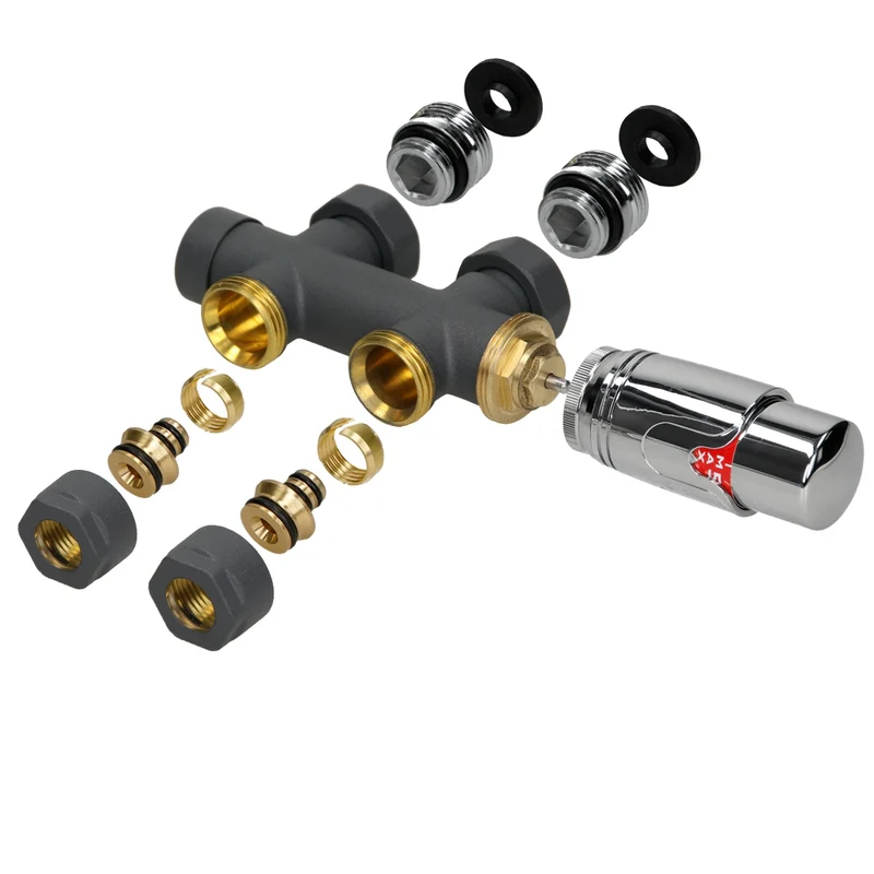 Ventil Armaturen Set Multiblock Anthrazit Durchgangsform inkl. Thermostatkopf LuxeBath