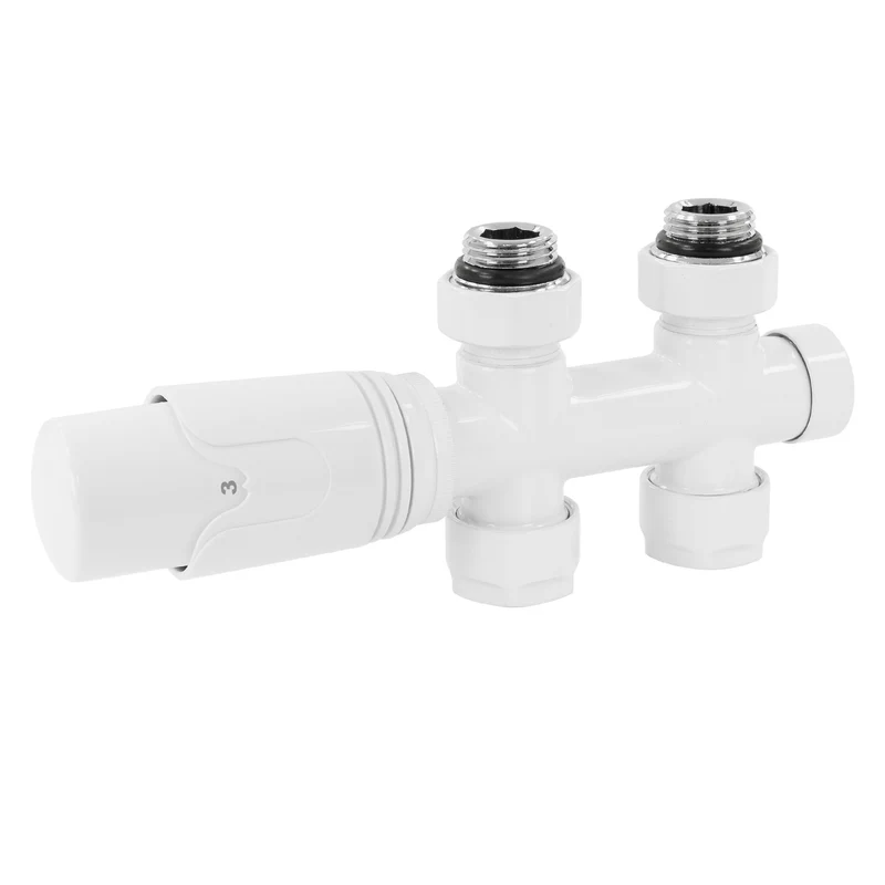 Ventil Armaturen Set Multiblock Weiß Durchgangsform inkl. Thermostatkopf LuxeBath