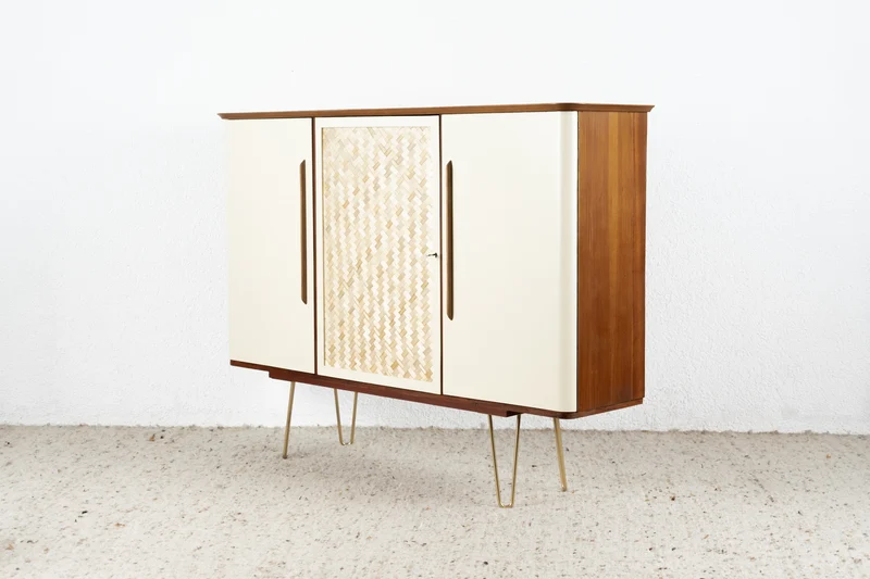 Vintage Sideboard Highboard Wohnzimmer Mid Century Holz Nuss Creme