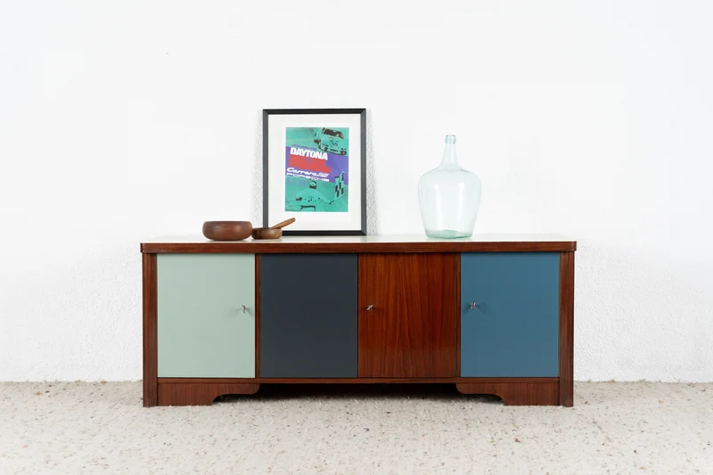 Vintage Sideboard Kommode Schrank Tv Board Holz Mid Century Blau 1960er 60s