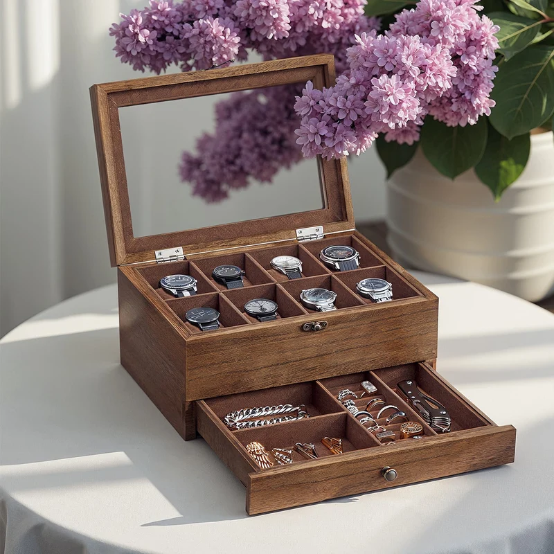 Uhrenbox mit Glasdeckel aus Massivholz