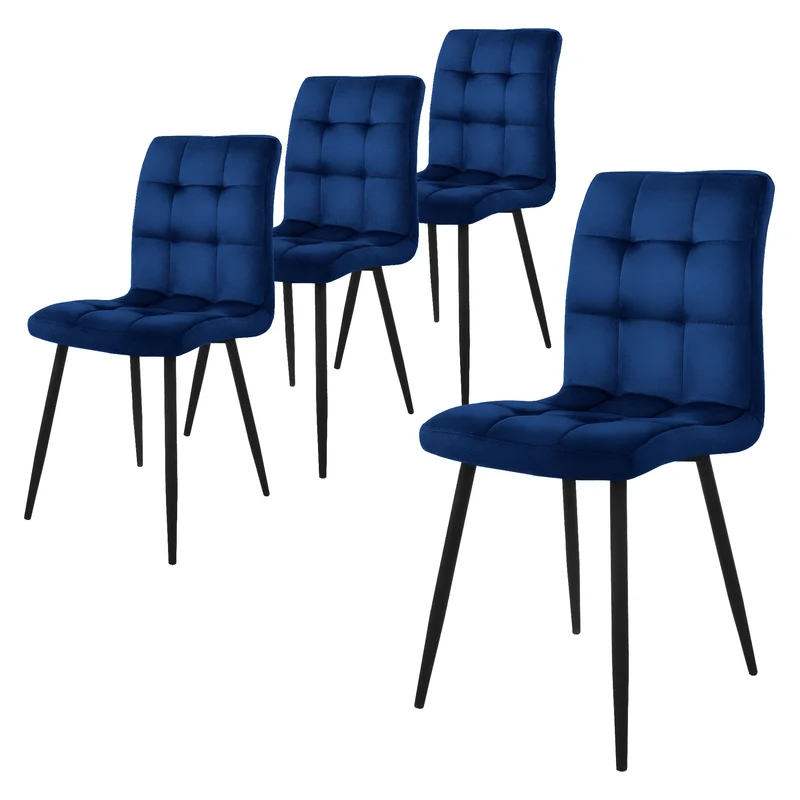 B-Ware Esszimmerstuhl 4er Set Große Quadrat Steppung Dunkelblau Samtbezug mit Metallbeinen inkl. Montagematerial ML-Design