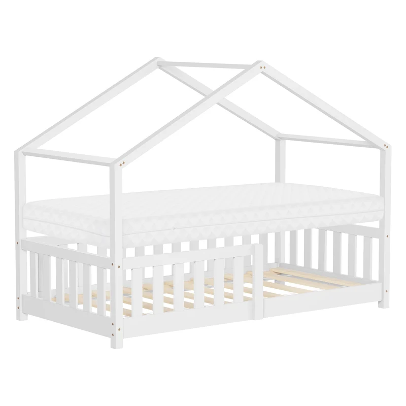 Kinderbett Hausbett 80x160 cm Weiß aus Kiefernholz mit Matratze H:10cm Rausfallschutz und Lattenrost ML-Design