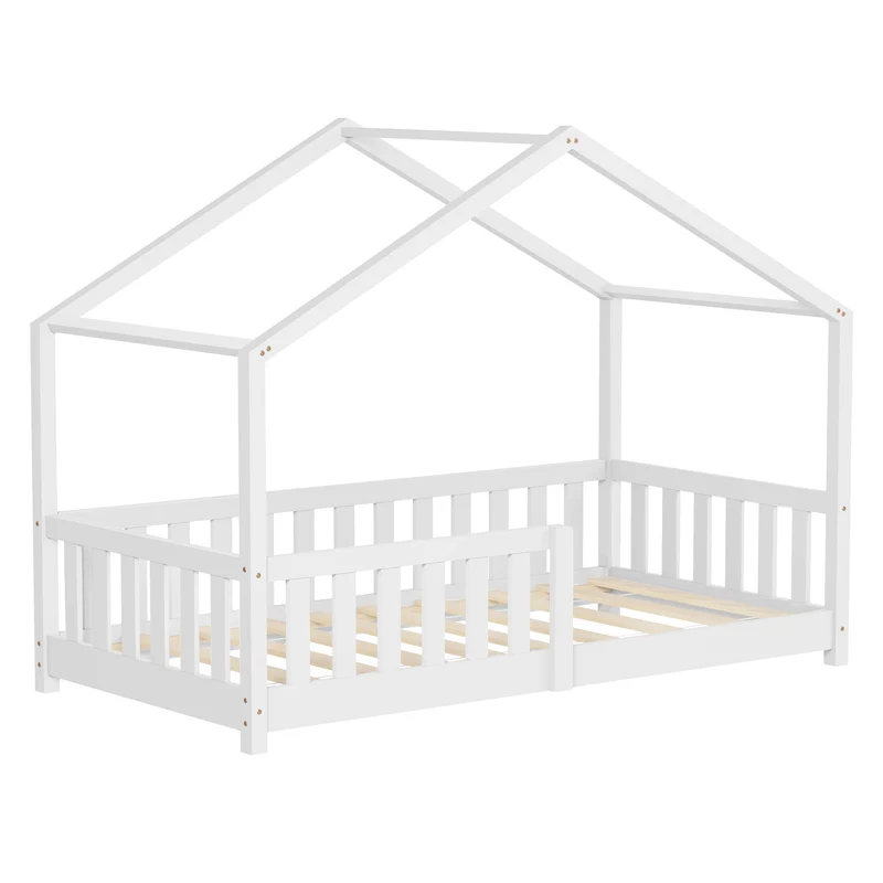 Kinderbett Hausbett 80x160 cm Weiß aus Kiefernholz Holzbett mit Rausfallschutz und Lattenrost ML-Design