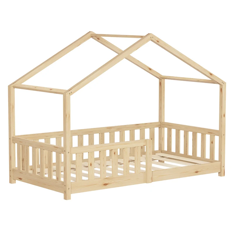 Kinderbett Hausbett 80x160 cm Natur aus Kiefernholz Holzbett mit Rausfallschutz und Lattenrost ML-Design