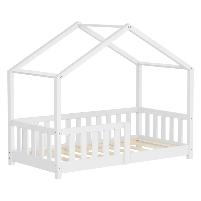 Kinderbett Hausbett 70x140 cm Weiß aus Kiefernholz Holzbett mit Rausfallschutz und Lattenrost ML-Design