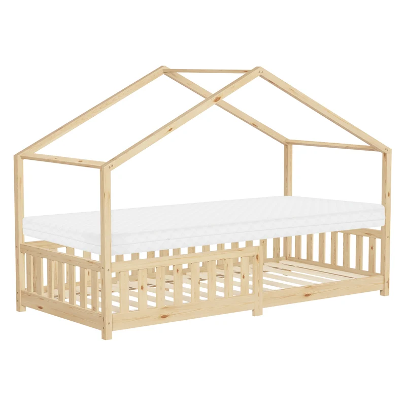 Kinderbett Hausbett 90x200 cm Natur aus Kiefernholz mit Matratze H:10cm Rausfallschutz und Lattenrost ML-Design