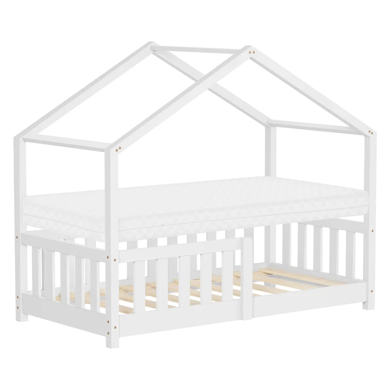 Kinderbett Hausbett 70x140 cm Weiß aus Kiefernholz mit Matratze H:10cm Rausfallschutz und Lattenrost ML-Design