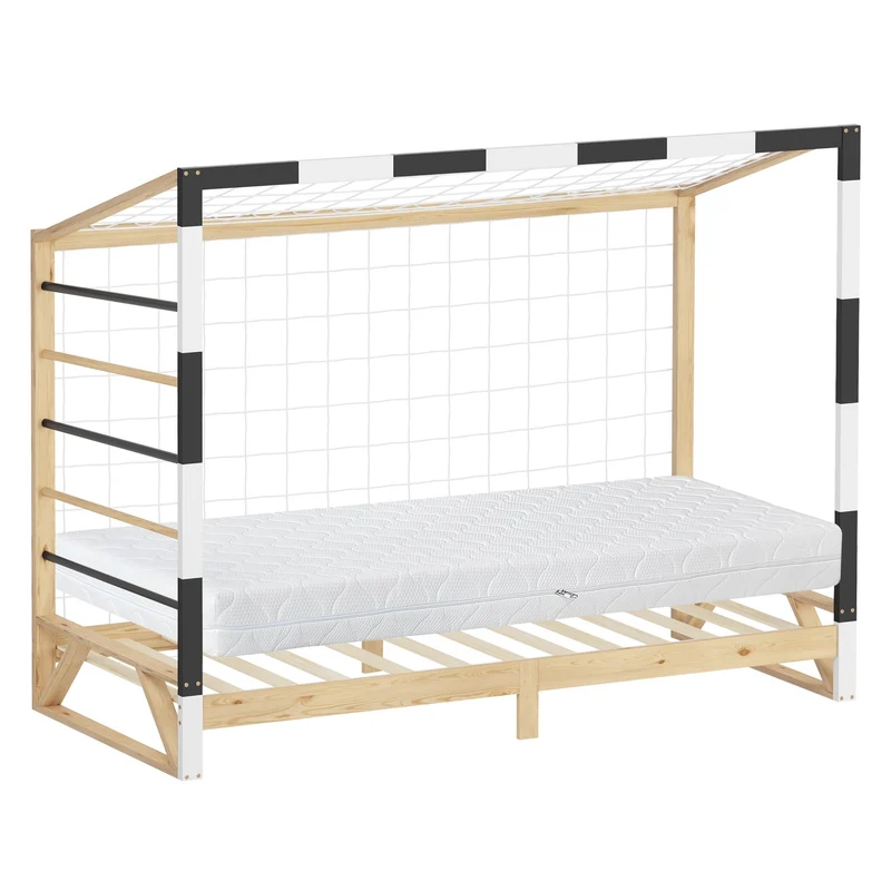 ML-Design | Kinderbett Fußballtor mit Matratze H:16cm, 90x200 cm aus massivem Kiefernholz Holzbett mit Lattenrost & Tornetz Handballtor